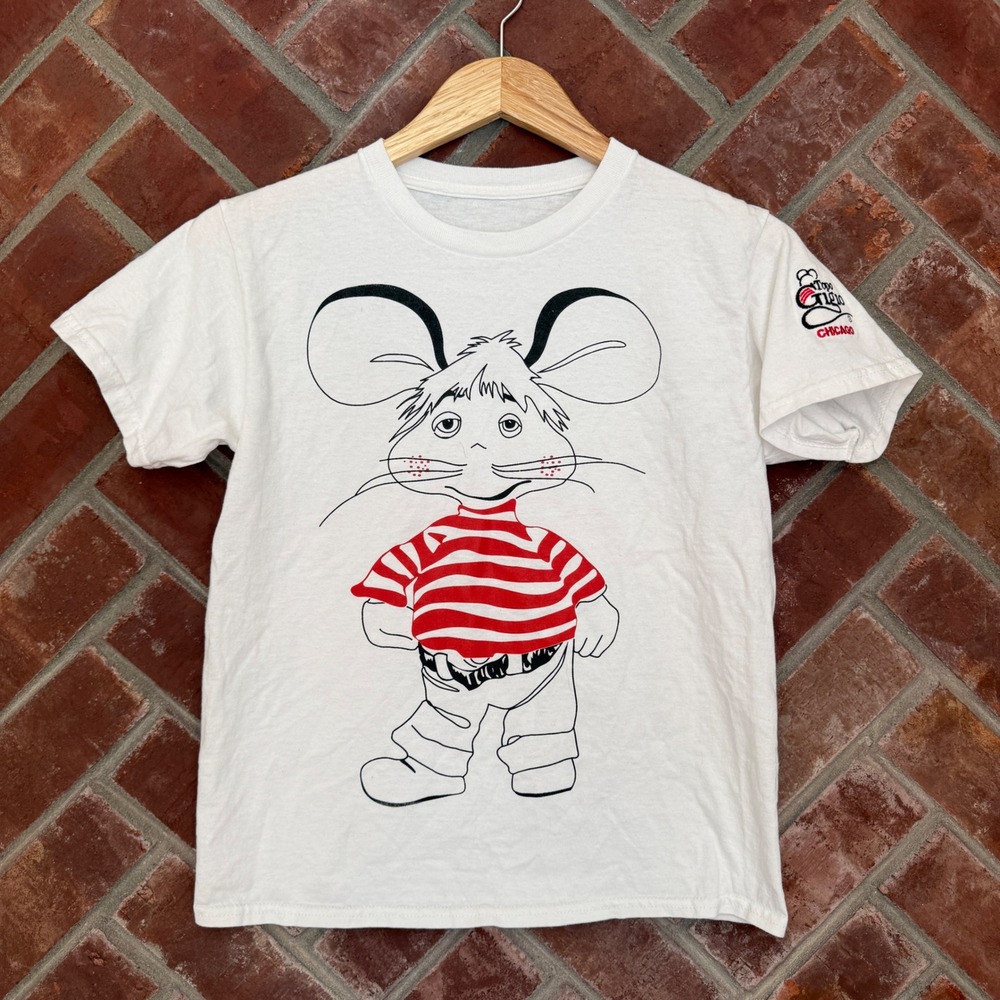 Topo Gigio Graphic T-Shirt Kids M White Vtg Style Chicago Mouse Tee Embroidered